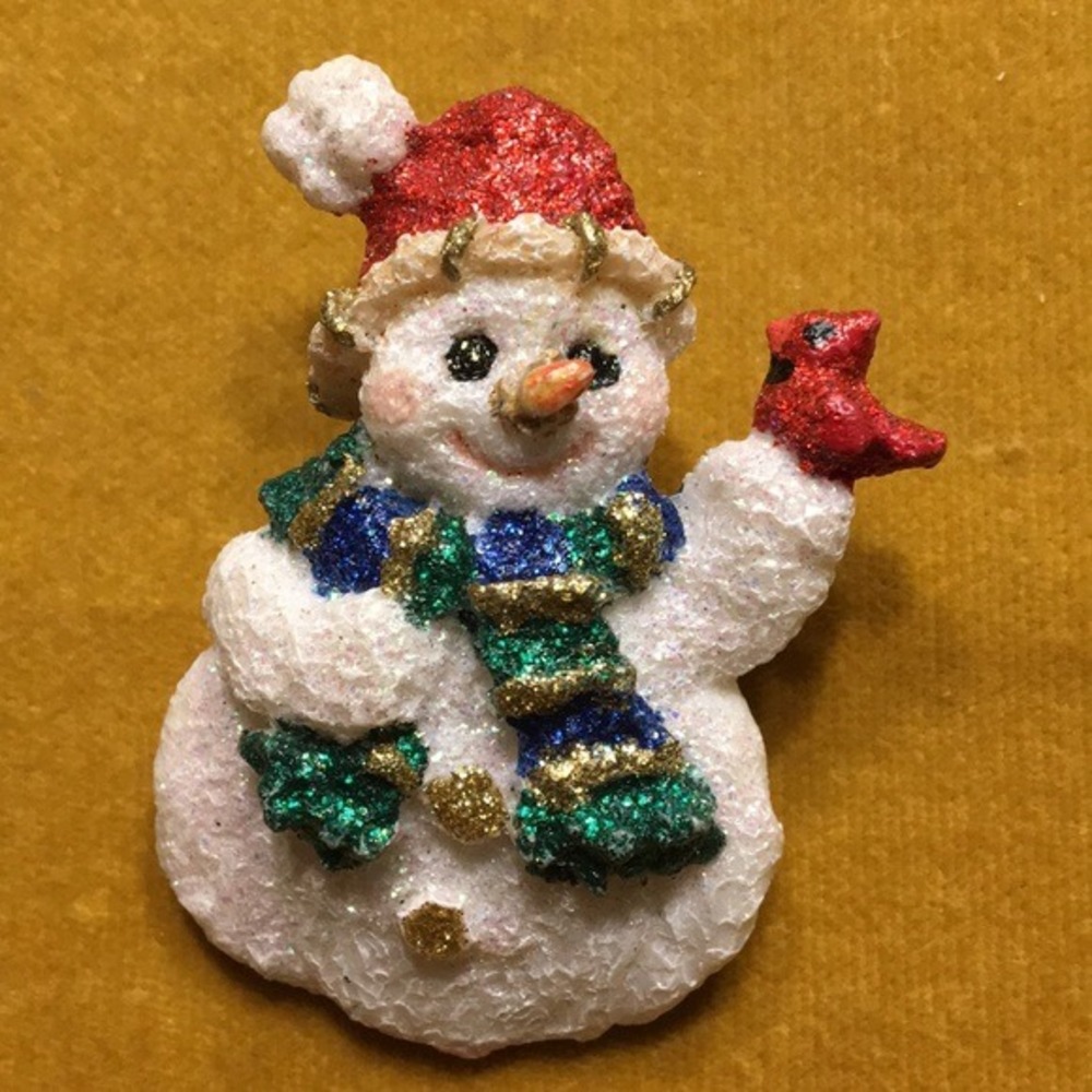 Vintage Snowman Glitter Holiday Pin Red Cardinal Santa Hat Christmas Brooch